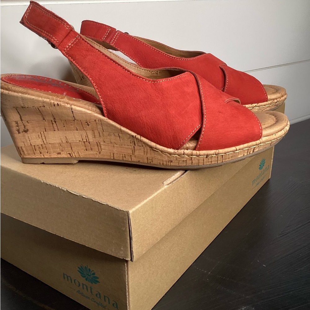 Montana West Red Cork Wedge Slingback Sandals